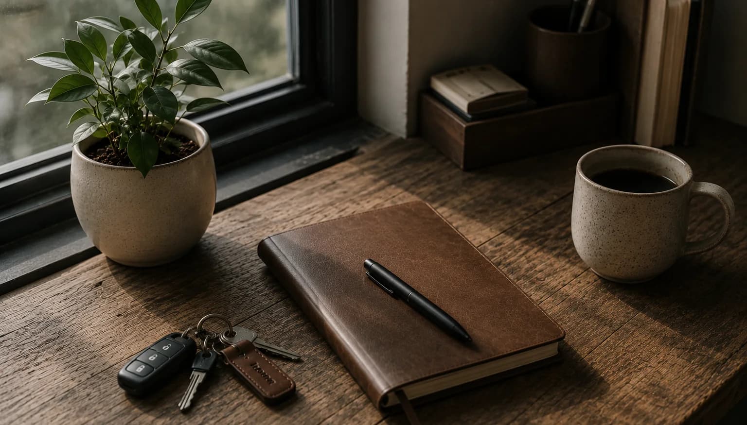 A closed leather journal and pen on a walnut windowsill, beside a plant, a set of keys, a mug of coffee and a stack of books