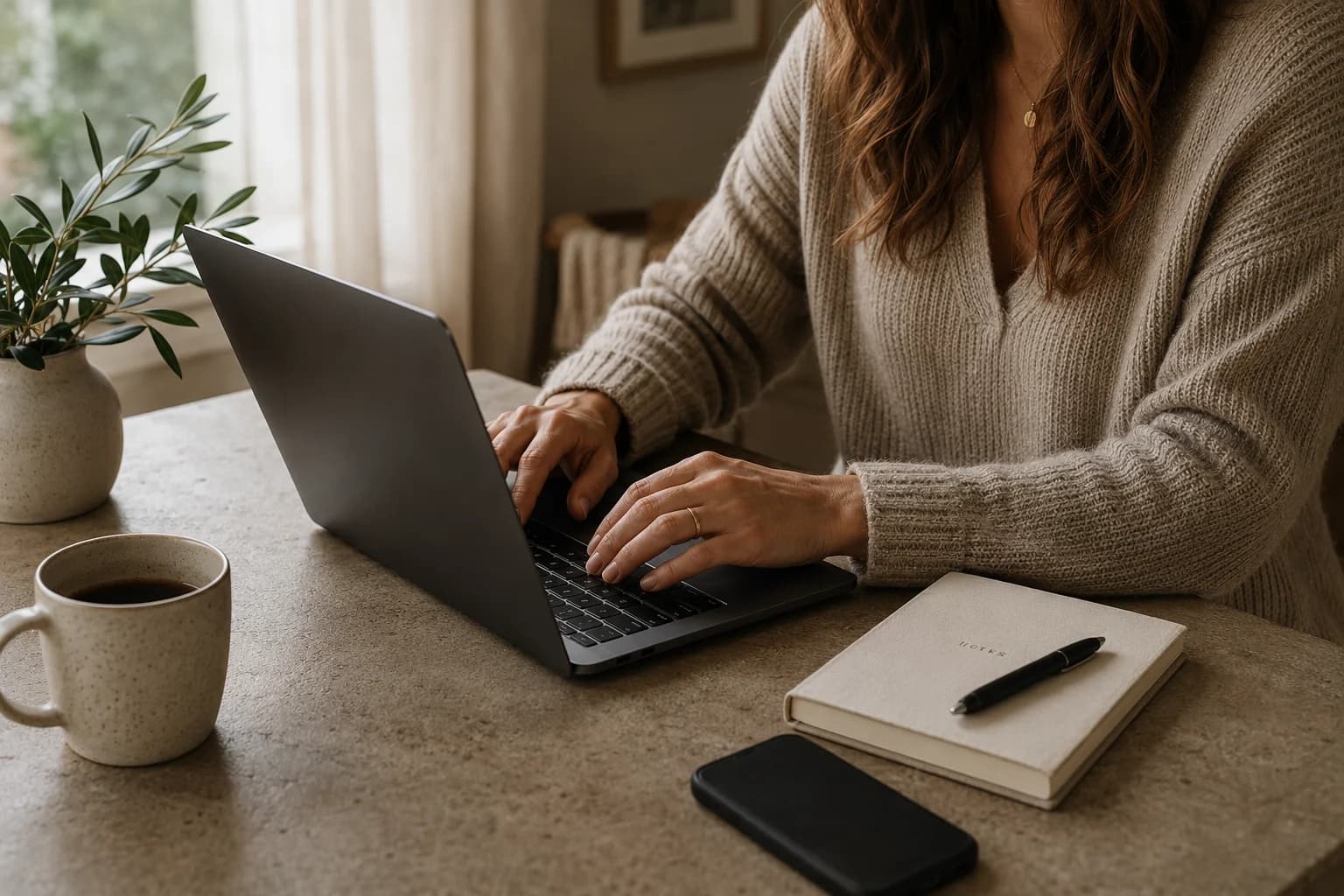 A woman in a cream knit jumper working at a laptop on a stone table, beside an olive branch in a vase, a mug of coffee, a closed notebook and her phone