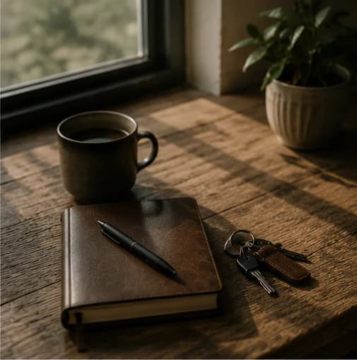 A closed leather journal with a pen on it, a mug of coffee, a set of keys and a plant on a sunlit wooden windowsill