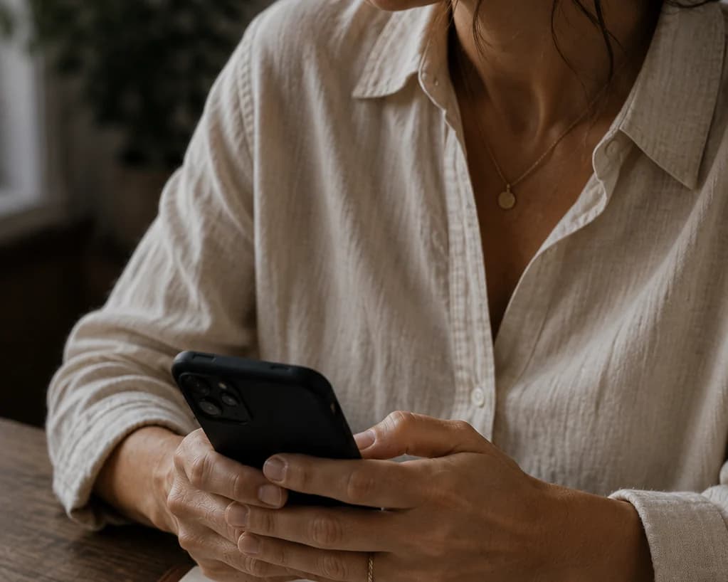 A woman in a cream linen shirt holding her phone at a wooden table, a mug of coffee beside her