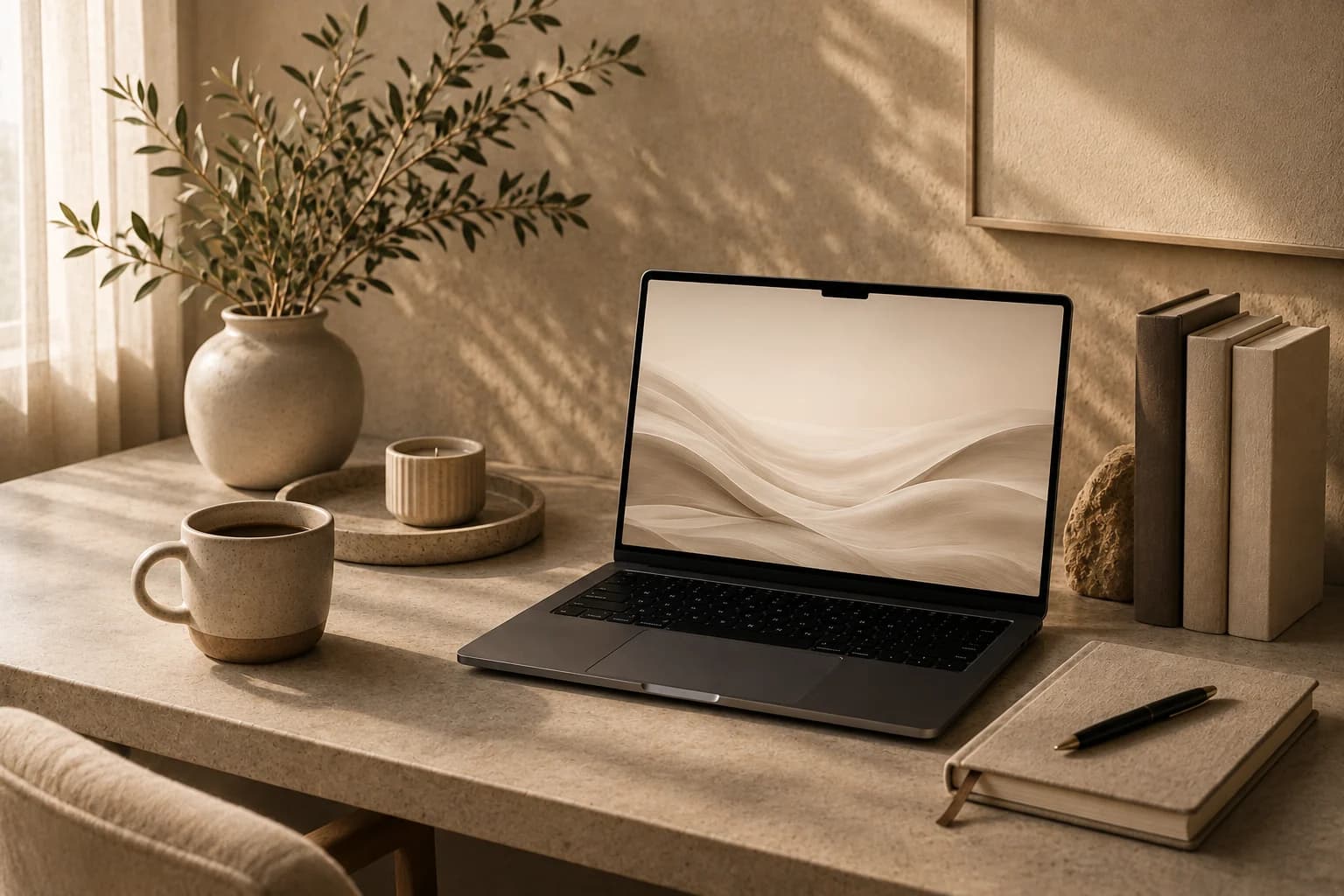 An open laptop on a stone desk in warm daylight, beside a vase of olive branches, a mug of coffee, a stack of books and a notebook with a pen on it