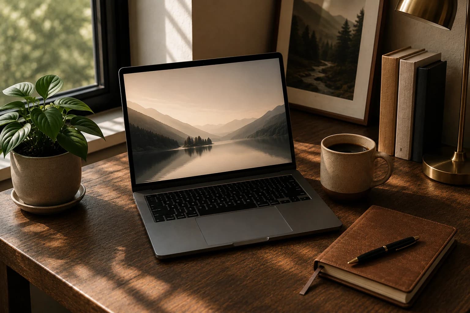 An open laptop on a wooden desk in morning light, beside a plant, a mug of coffee, a stack of books and a leather journal with a pen on it